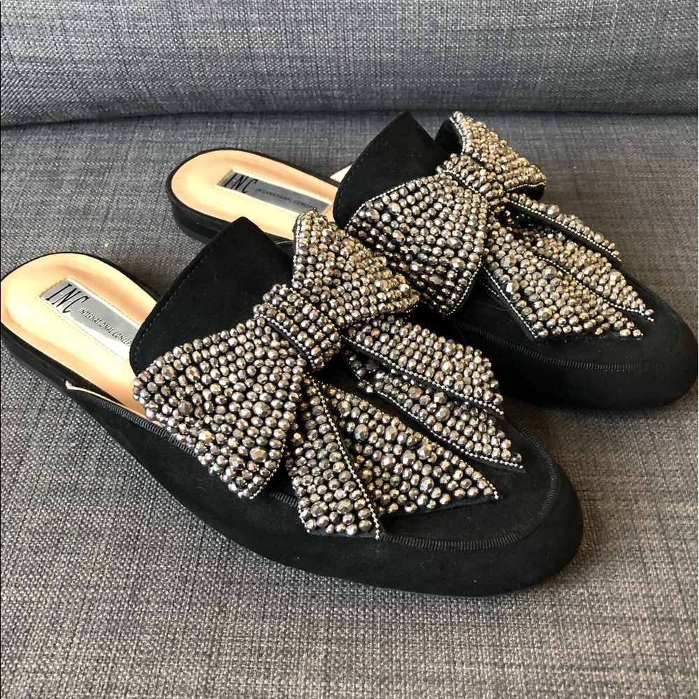 INC black mules with pewter beaded bows 37